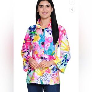NWT Ali Miles Sz PXS Print Woven Button Front Jacket Abstract Multi 3/4 Sleeves